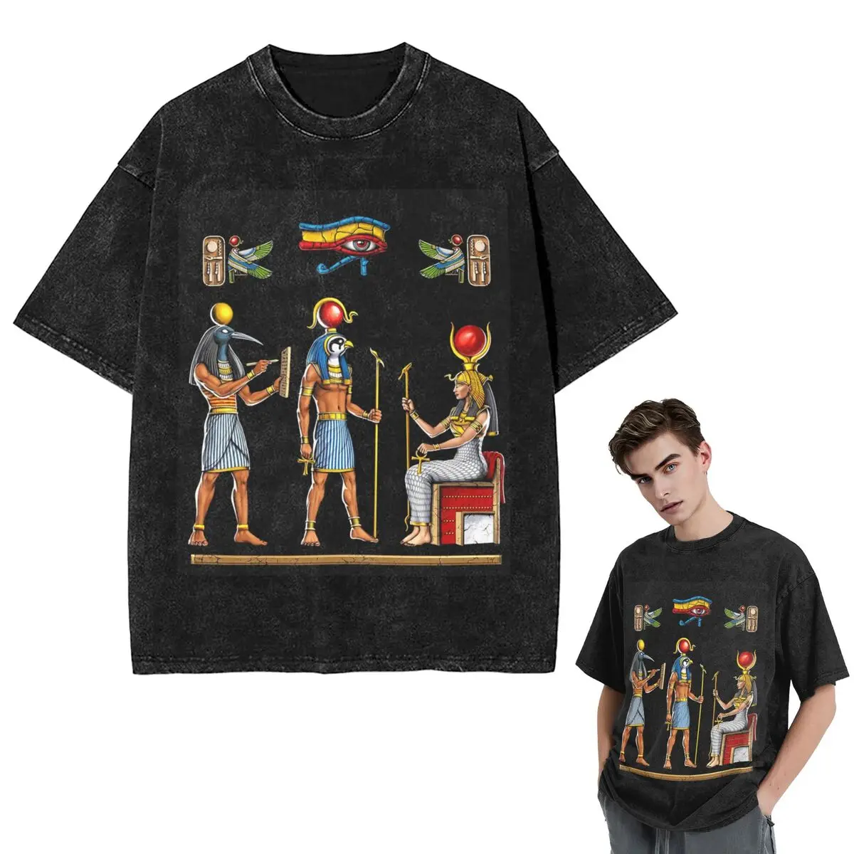 

Streetwear T-Shirts Egyptian Mythology Gods Washed T Shirt Short Sleeve Hip Hop T-Shirt Tops Tees for Men Women