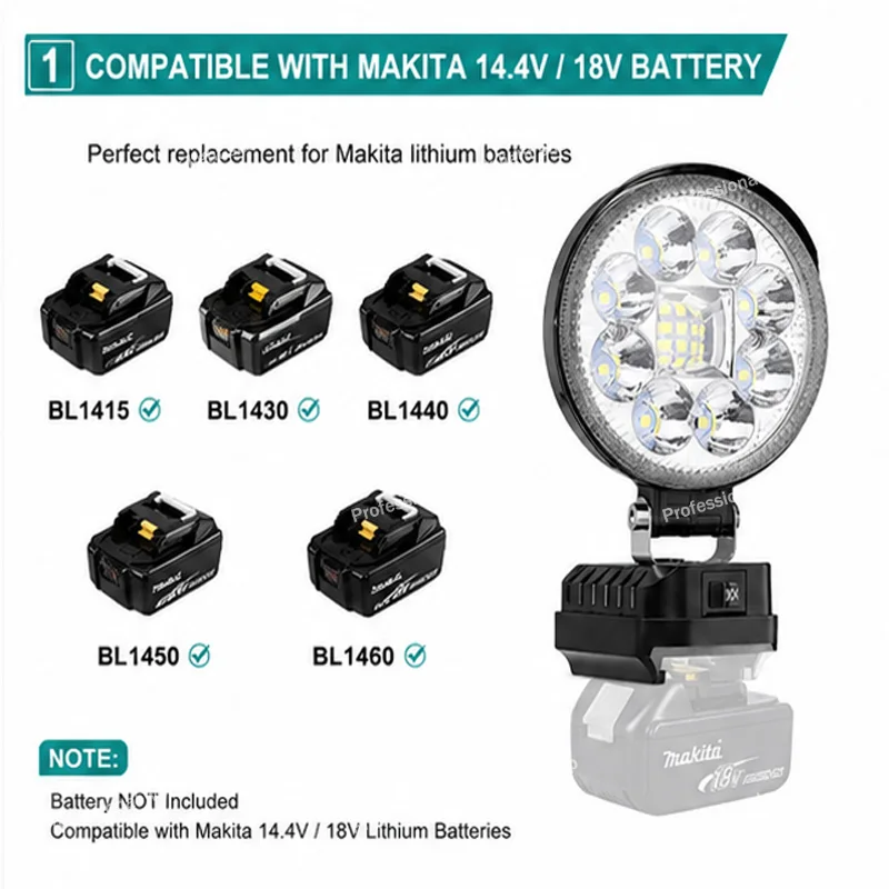 Rechargeable LED work light, compatible with Makit-a battery, suitable for camping and night fishing