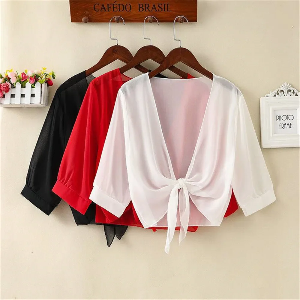 Women Wrap Jacket Half Sleeve Sheer Soft Chiffon Korean New Fashion Shrug Open Front Jacket Cardigan for Party Coat 2025