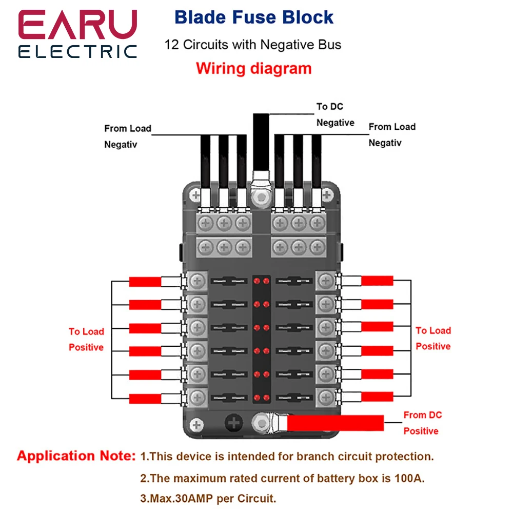 Earu Car Boat Fuse Box Holder With 6 Ways Blade Fuse Holder Block Warning Indicator 12V 36V Power Distribution Panel Board