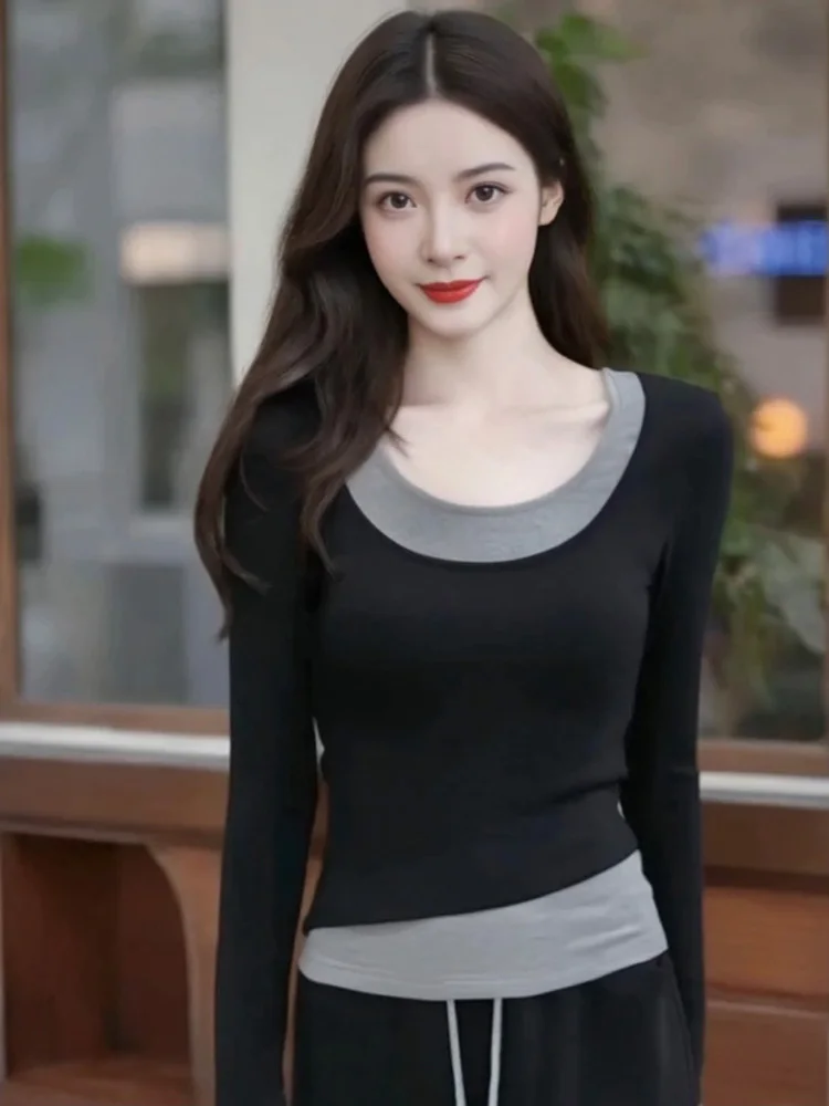 

Korean Sle ort Splice Long Sve U-Ne Top Women's Autumn Winter Slim Fit Base Layer irt Commute Sle Pure Color