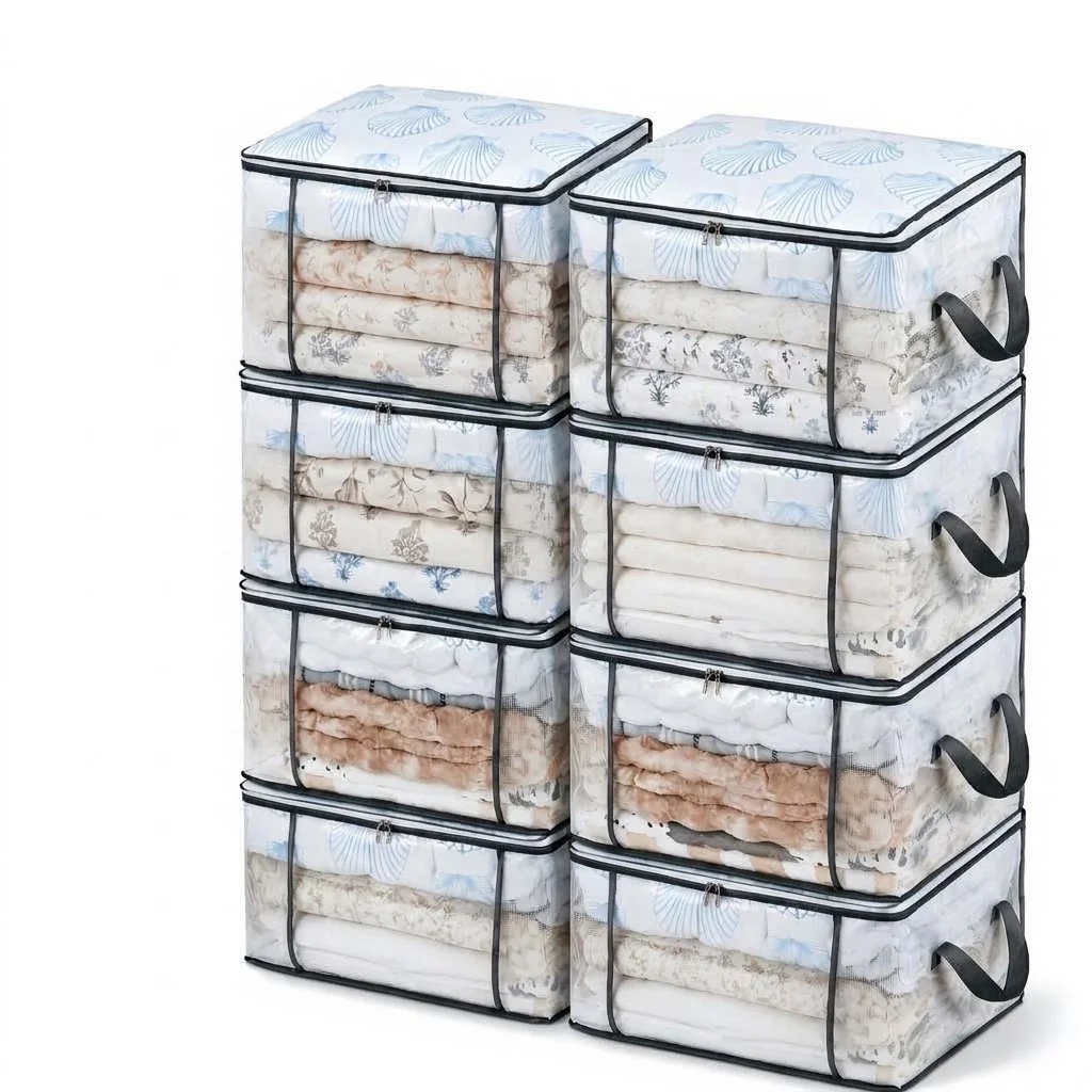 4 Large 21.13 Gallon Clear Storage Bags with Sturdy Handles & Zippers, Heavy Duty Foldable Fabric Storage Bins, Light Pink Floral & Solid Color Patterns, for Clothes Storage, Under Bed Organization
