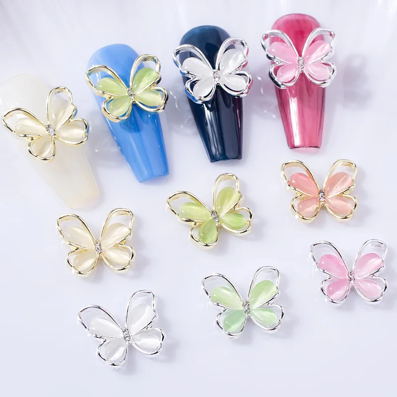 

10pcs Cat's Eye Stone Butterfly Nail Jewelry Alloy 3D Diamond Embedding Colorful Hollow Butterfly Nail Accessories Nail Jewelry