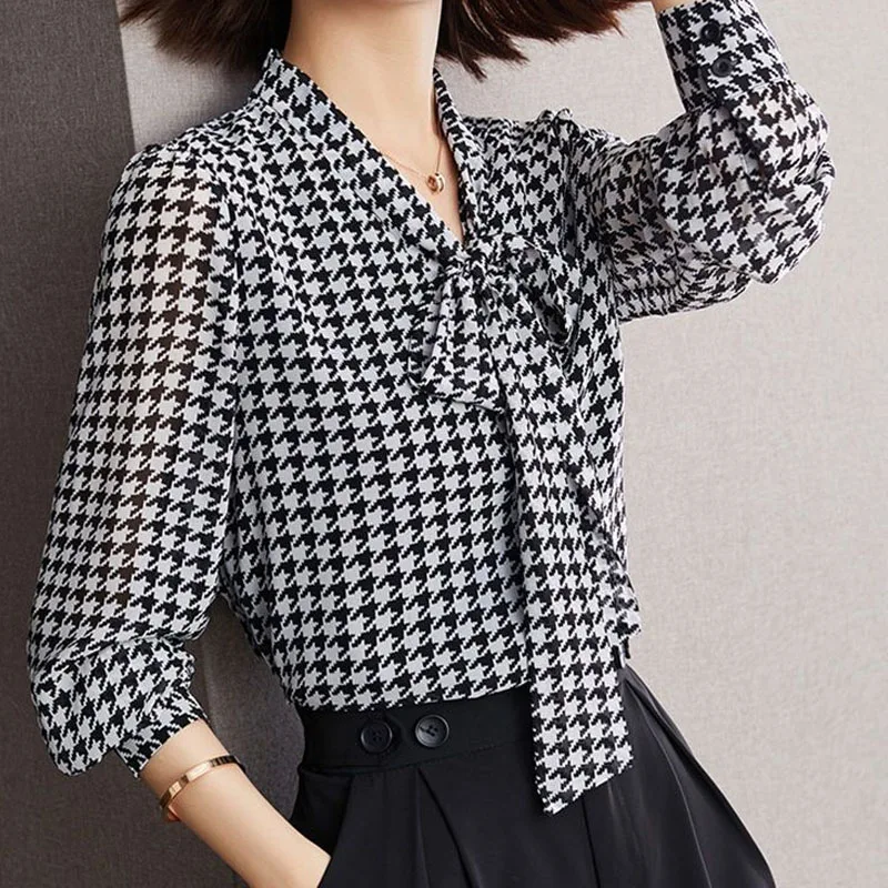 Office Lady Plus Size Fashion Thousand Bird Plaid Shirt scollo Lace-up sottile Chiffon England Style Bow Lantern Sleeve Printing