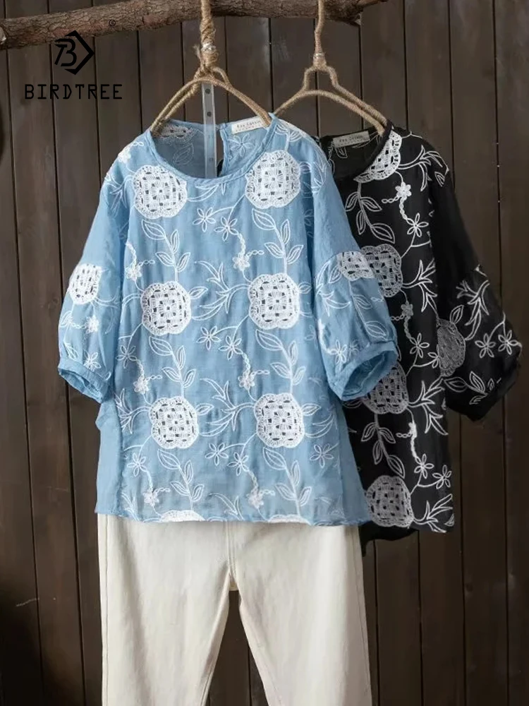 

New 2025 Summer Cotton Half Sleeve Shirt, Women O Neck Hollow Out Embroidery, Mori Girl Versatile Casual Loose Blouse T54618CC