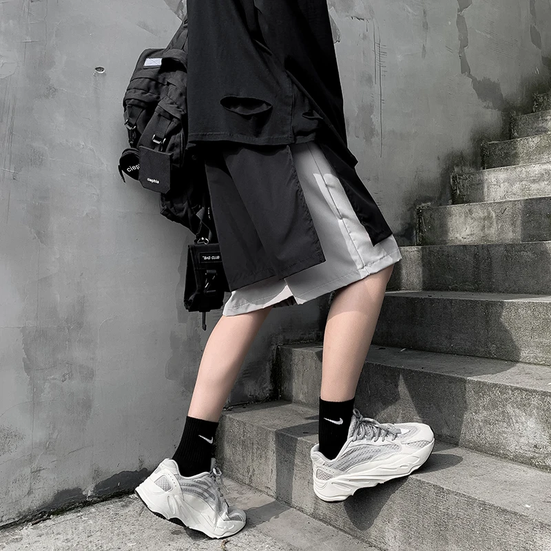 Men Fake 2-piece Design Ins Shorts Streetwear Loose Knee Length Shorts Poppin B-Boy Ulzzang Casual Plus Size Patchwork Shorts