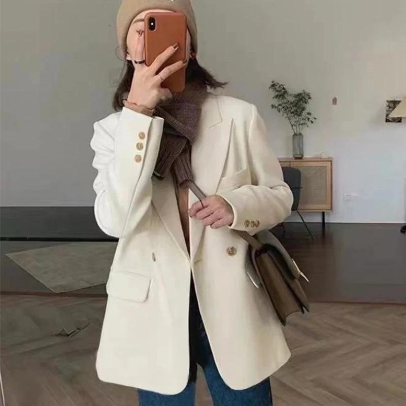 الكورية الأبيض دعوى معطف المرأة أنيقة طويلة الأكمام التلبيب الحلل للمرأة الخريف الشتاء زر واحد بلون سترة الأعمال