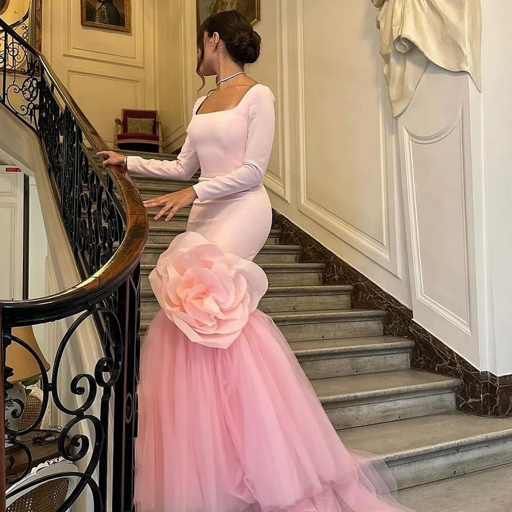 

Arya Large Flower Pink Evening Dress Jersey and Tulle Mermaid Floor Length Long Sleeves Square Collar Occasion Customized Gowns