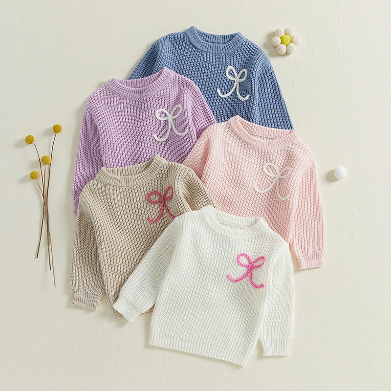 Tregren 6M-5Y Infant Baby Girl Sweaters Cute Long Sleeve Bow Knit Pullovers Toddler Kids Tops Spring Fall Winter Warm Sweater