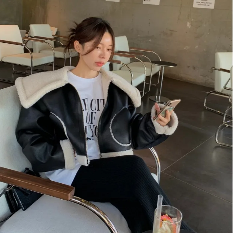 ラムファー ジャケット レディース オルト スレ ビッグカラー 冬コート スイート クール PUレザー バイカー服 韓国風 スレ レギュラーフィット