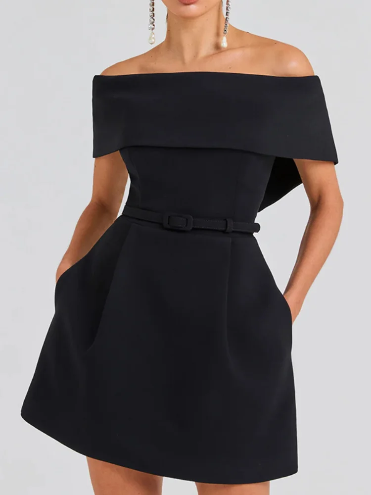 

Elegant Off Shoulder Mini Dress Women Slash Neck Sleeveless Backless A-line Evening Dresses Female 2026 Summer Lady Vestidos