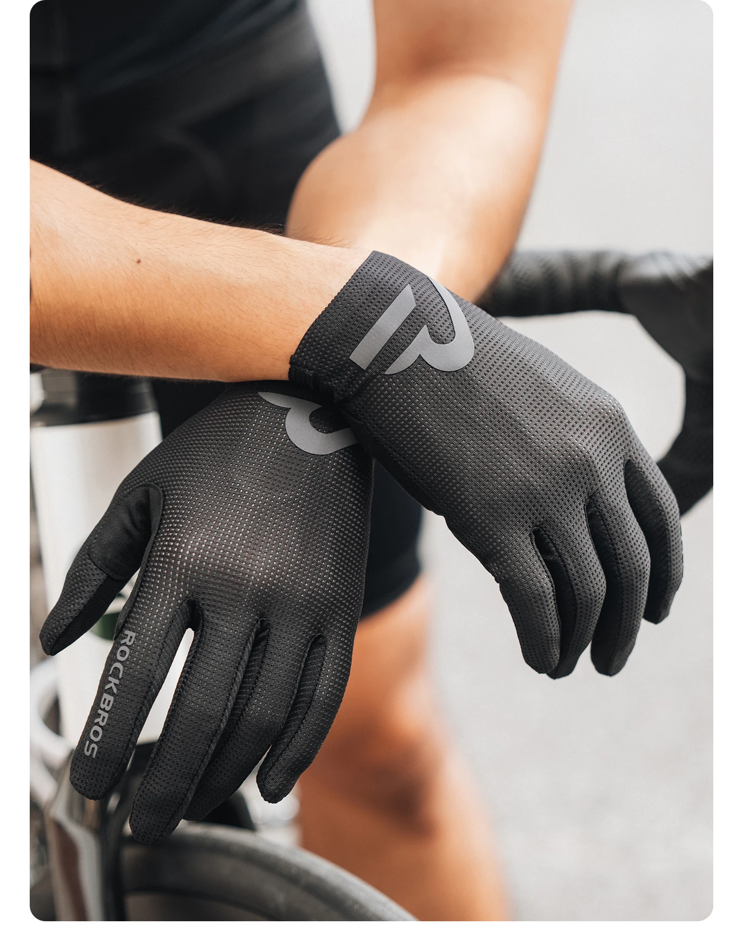 ROCKBROS Fahrradhandschuhe mit Vollfingerbedeckung, Touchscreen-fähig, Atmungsaktiv, Rutschfest, Stoßdämpfende Handflächenpolsterung – Detail 13