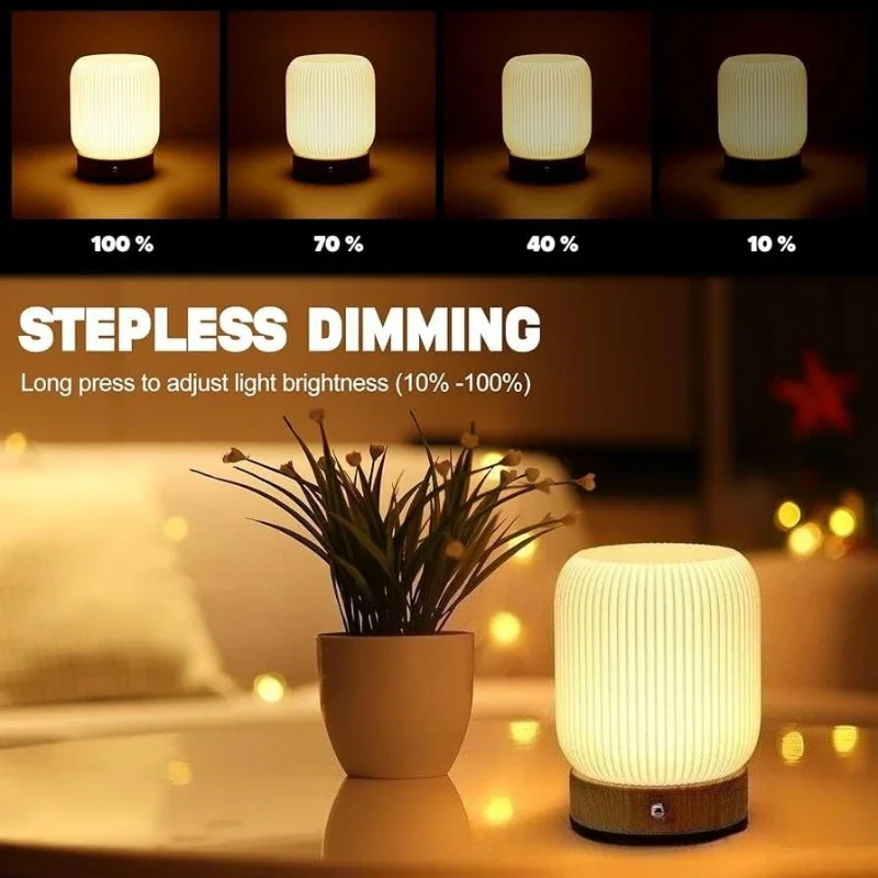 Luminária Noturna de Madeira com Toque, Sem Fio, Recarregável, Portátil, para Quarto, Sala de Estar e Quarto Infantil