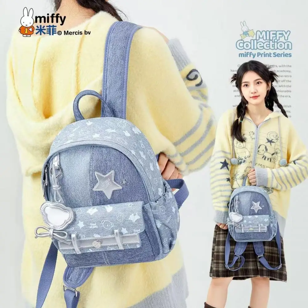 

Miffy Denim Backpack with Star Pattern Women's Cute Cartoon School Bag with Cloud Pendant Fashion Casual Travel Bag