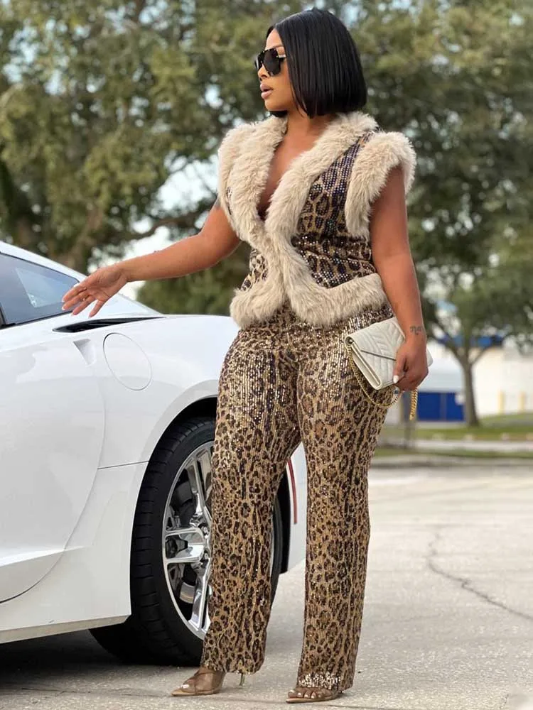 

Summer Suit with Pants for Women Sleeveless Leopard Jacket with Fur Collar Streetwear Sequins Sexy Sets 2 Piece Female