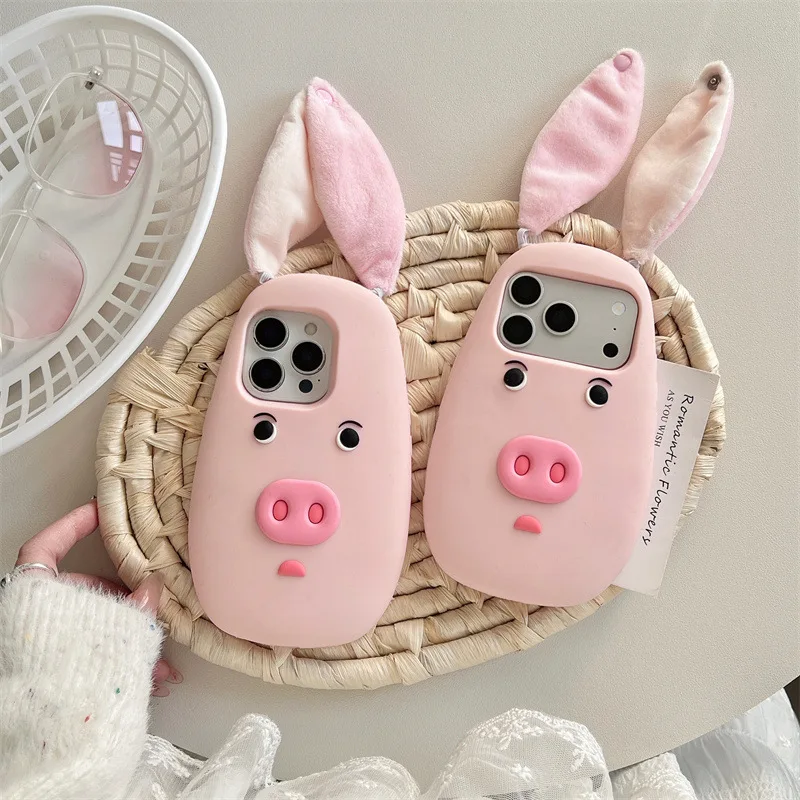 Lustige 3D-süße Cartoon-Schwein-Plüschohren, weiche Silikon-Handyhülle für iPhone 16, 15, 14, 13, 17, Pro Max, stoßfeste Schutzhülle