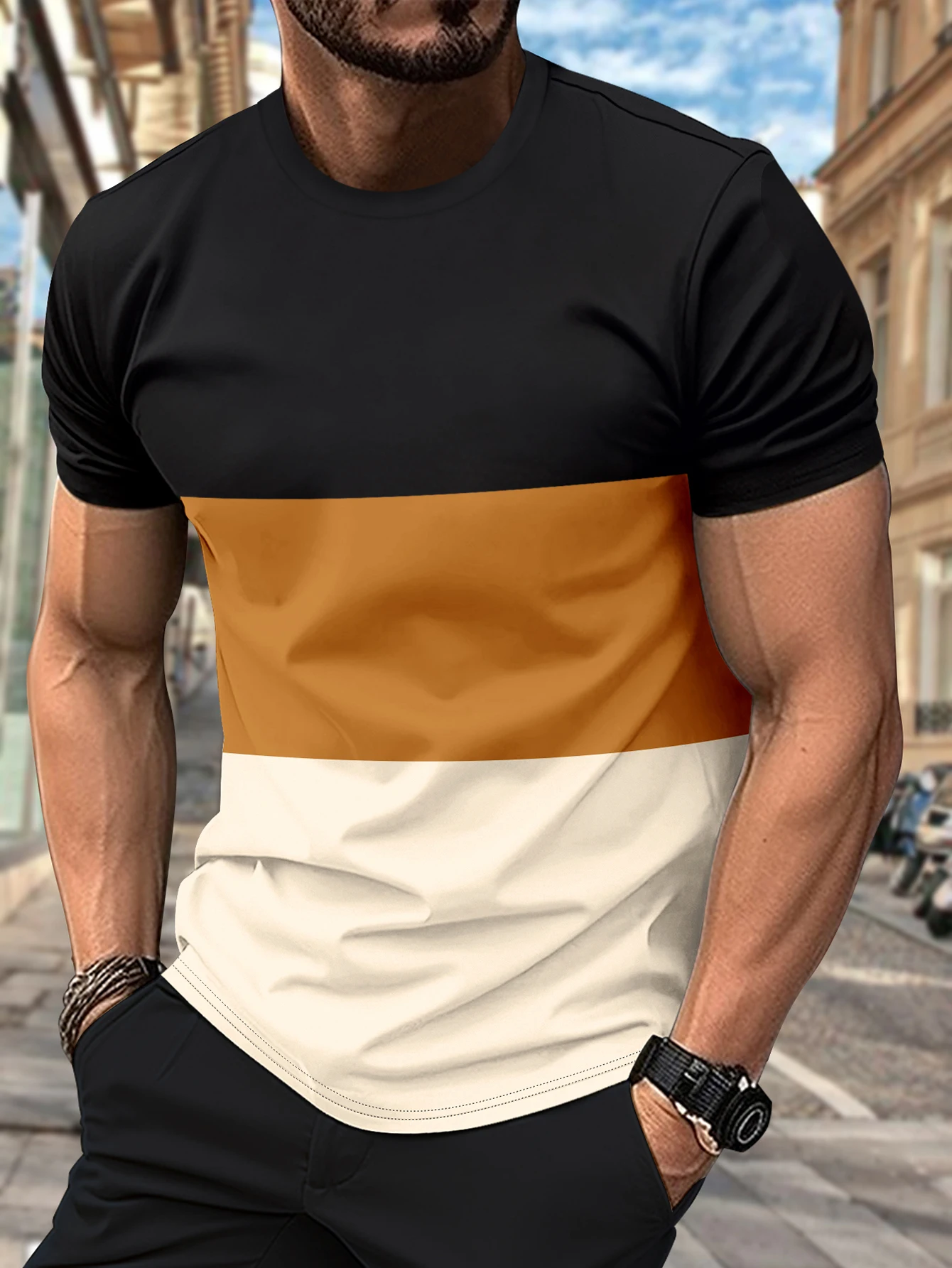 

New Summer Men's Casual Short Sleeve Splicing Color Social Party Daily Top Retro Classic Trend Sports T-Shirt Streetwear Male