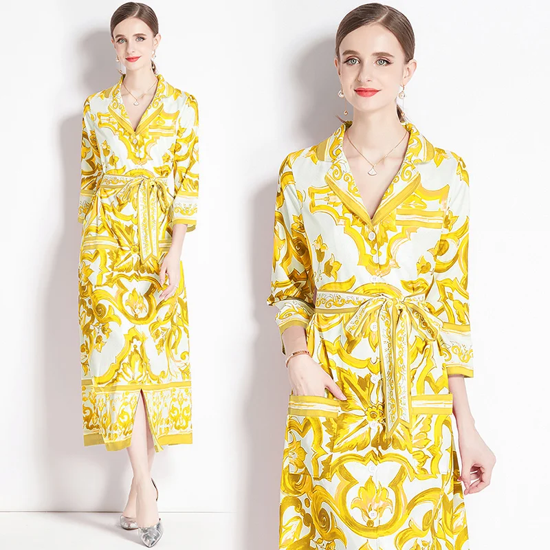 Summer Yellow And White Porcelain Holiday Loose Dress Runway Fashion Women Notched Collar Single Breasted Pockets Belt Midi Robe