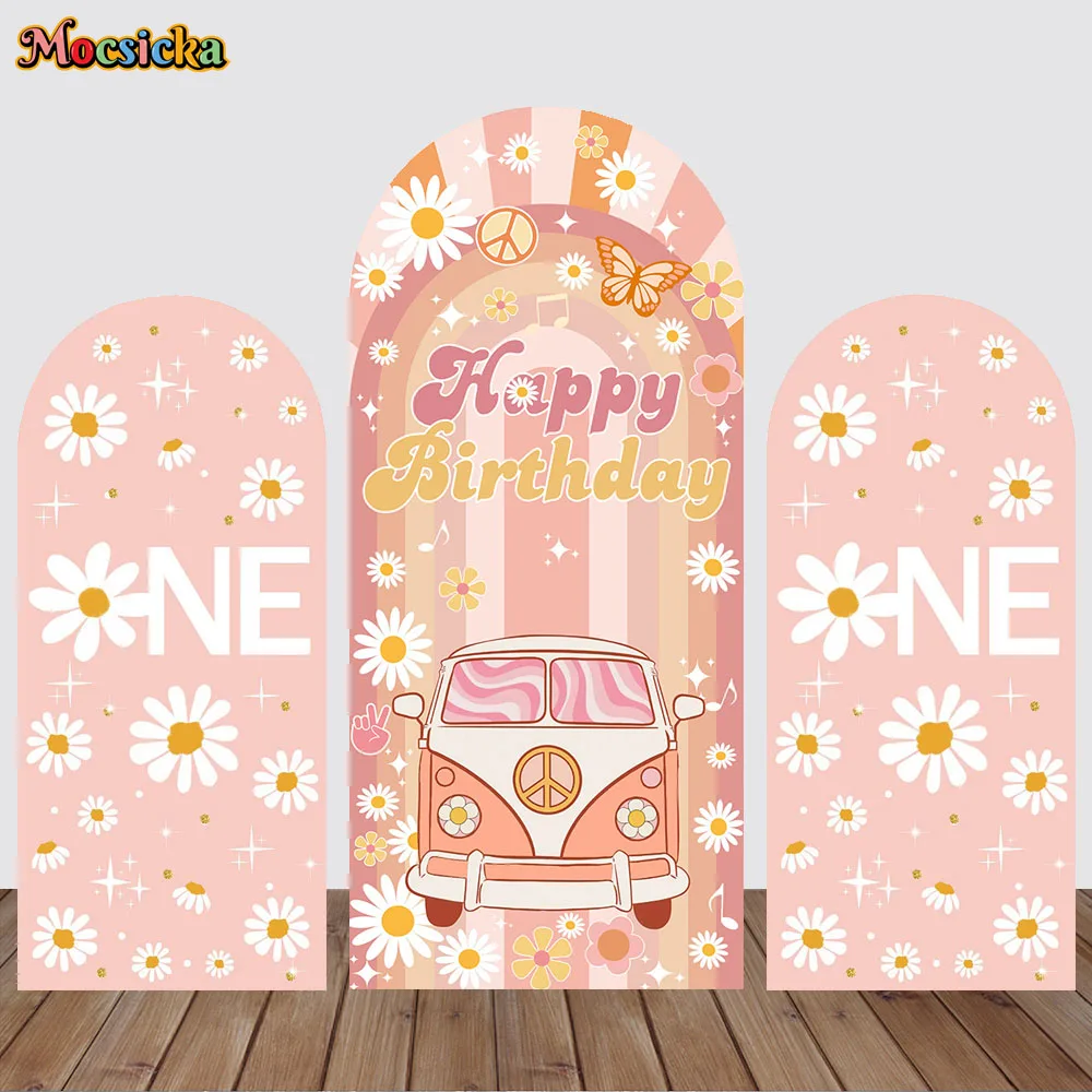 Groovy One Birthday Arch Backdrops Double-Sided Cover Boho Rainbow Peace Love Party Decor Props Baby Shower Background Photocall