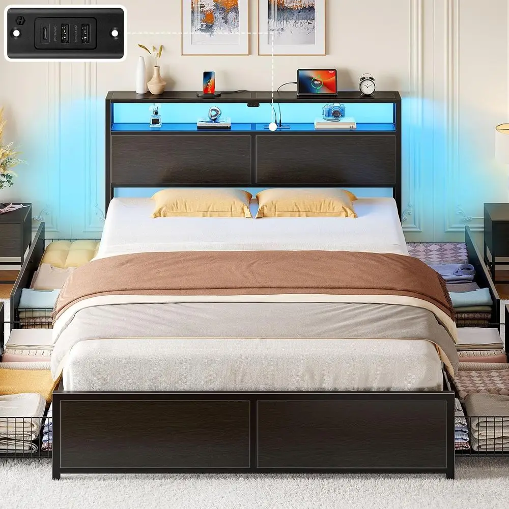 Base de Cama Queen de Metal con 4 Cajones, Estación de Carga, Luces LED, Cabecera con Almacenamiento de 2 Niveles, Sin Somier, Fácil de Personalizar