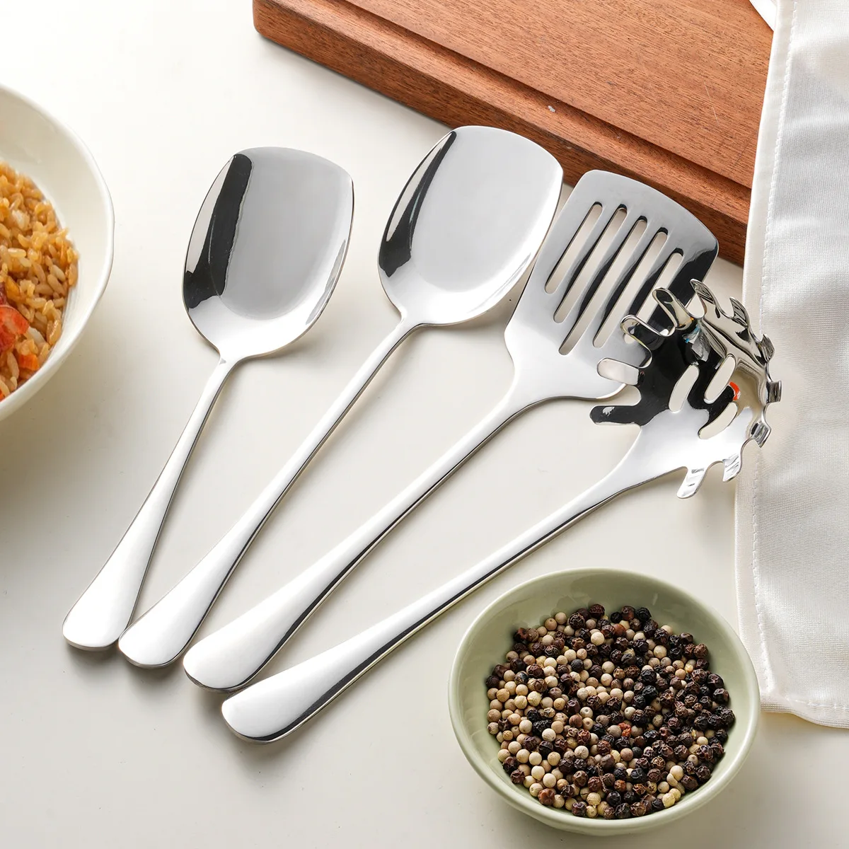 

4-Piece Set 304 Stainless Steel Spaghetti Servers Restaurant Hotel Supplies Shared Service Spoons Frying Spatula Kitchen Utensil