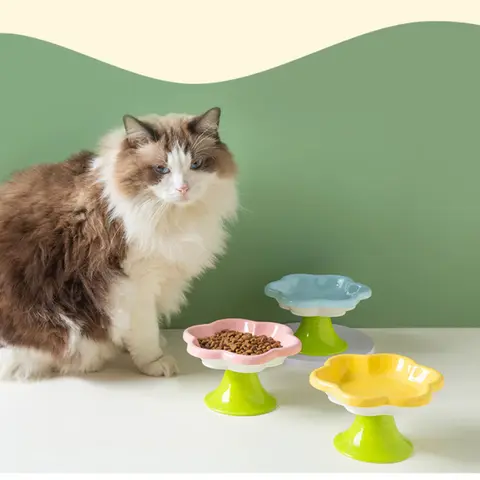 세척 용이 플로럴 디자인 세라믹 고양이 그릇, 고양이 먹이 그릇, 물 접시, 스낵 접시, 목 보호 스탠드 포함