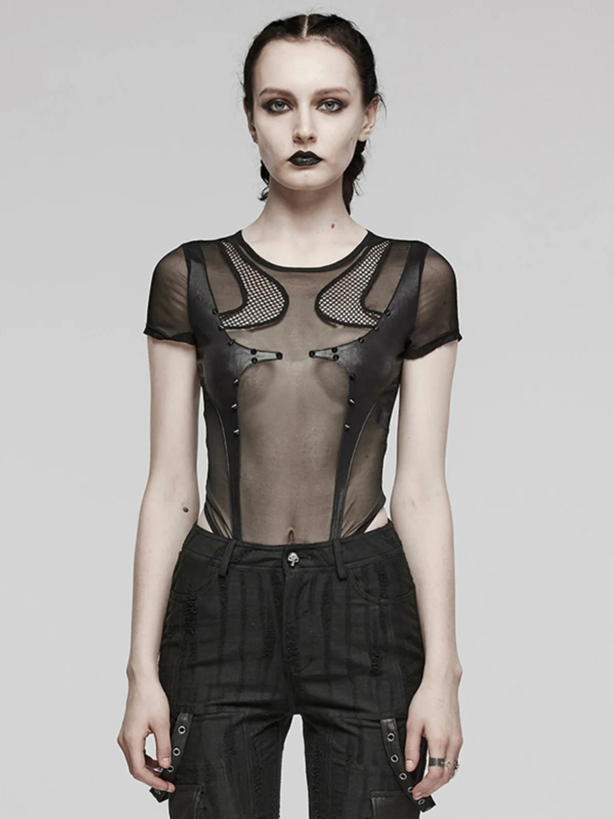

Punk Style Sexy Mesh Top High-End Sensation Summer New Body Shaping One-Piece Short Sleeve T-Shirt for Women See-Through Tigh...
