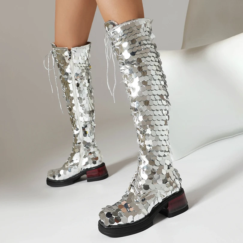 Plus Size Circular Sequins Cover The Upper With Cross Straps Zippers Women\'s Over The Knee Boots Wood Grain Thick Heel Long Boot