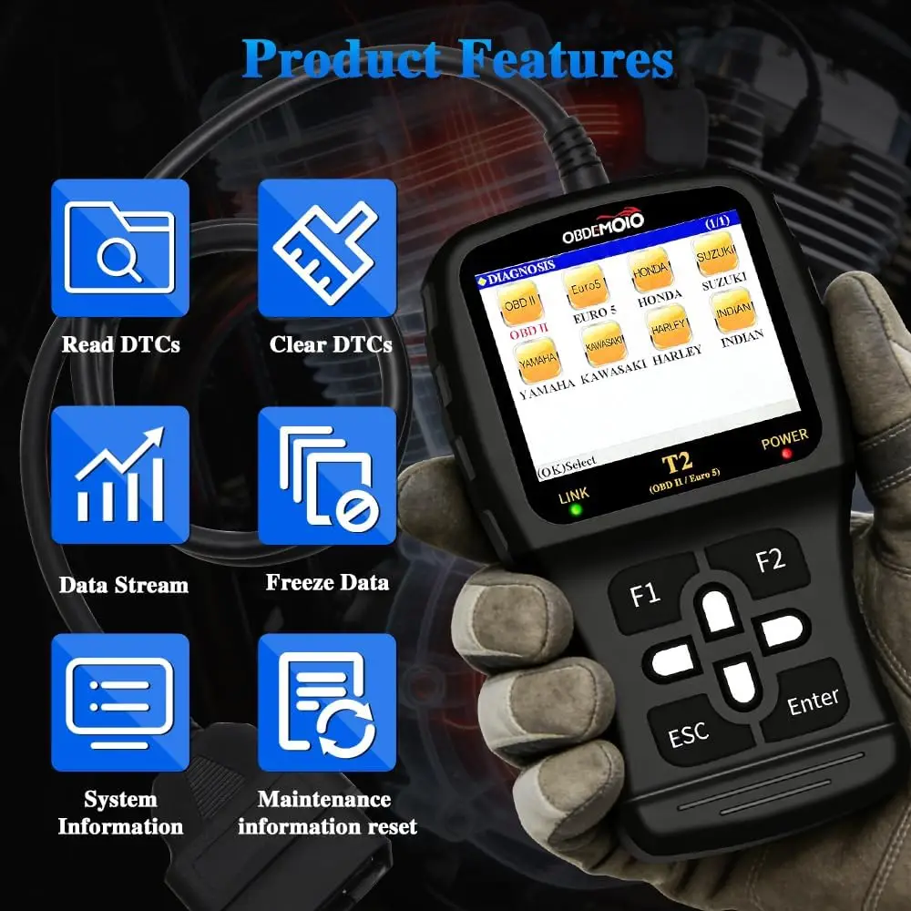 Motorcycle Scanner Diagnostic Tool, MST T2 Motorcycle Check Engine Code Reader, Read/Clear Fault Code For HONDA/SUZUKI/YAMAHA