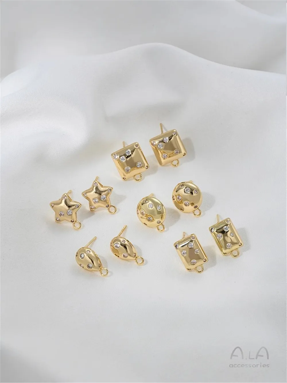 

925 Silver Needle 14K Gold Inlaid Zirconium Geometric Square Round Water Drop Diy Ear Accessories with Earrings E373