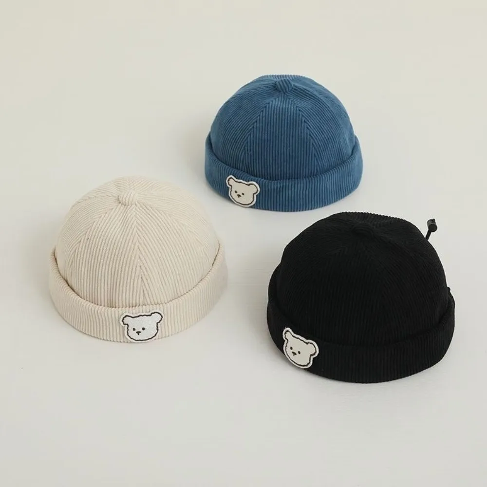

Vintage Corduroy Brimless Hat Cartoon Bear Warm Landlord Hat Adjustable Solid Color Dome Beanie Autumn Winter