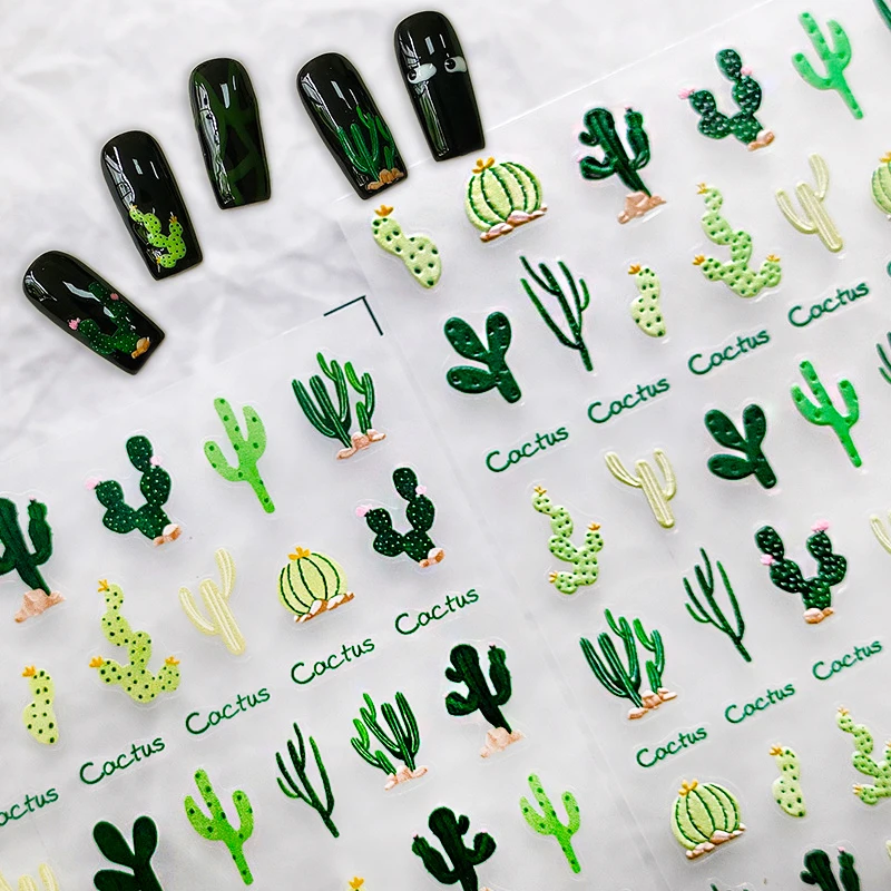 Green Plant Cute Cactus 5D Soft Embossed Relief Self Adhesive Nail Art Decoration Sticker Flower 3D Manicure Phone Decals Summer