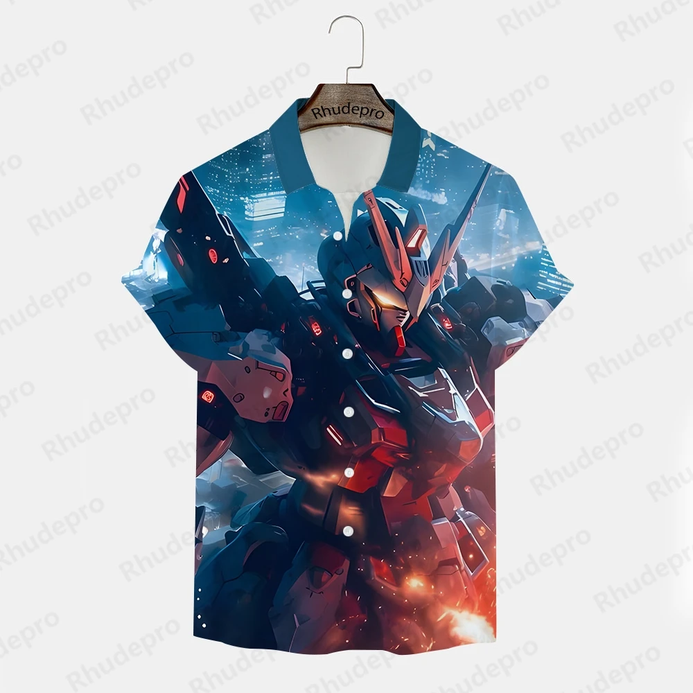 เสื้อเชิ้ตผู้ชาย2024 Gundam รุ่นเสื้อผ้าอะนิเมะเทรนด์เสื้อขนาดใหญ่เสื้อคุณภาพสูง Y2k แขนสั้นของเด็ก