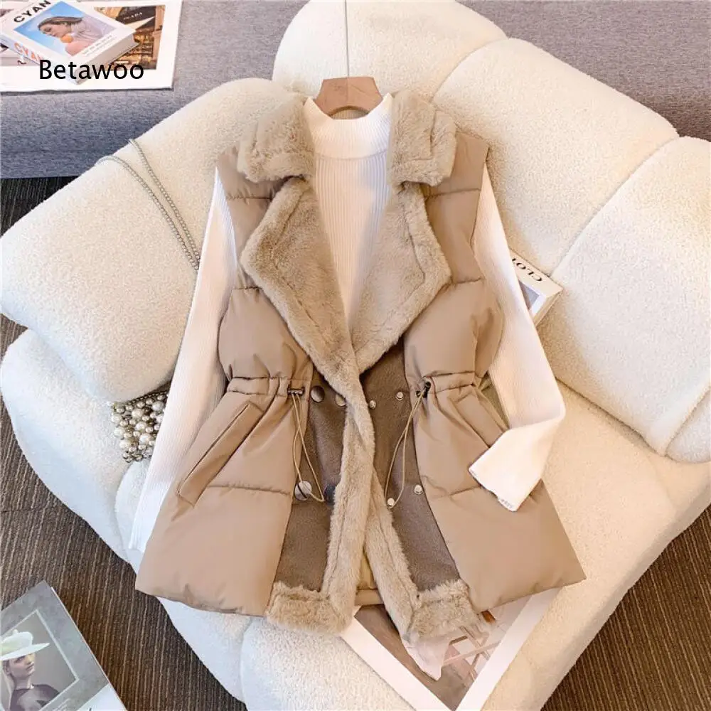 Double Breasted Warm Puffer Vest Faux Fur Surround Collar Drawstring Waist Relaxed Cut Sleeveless Outdoor Casual Outer Top