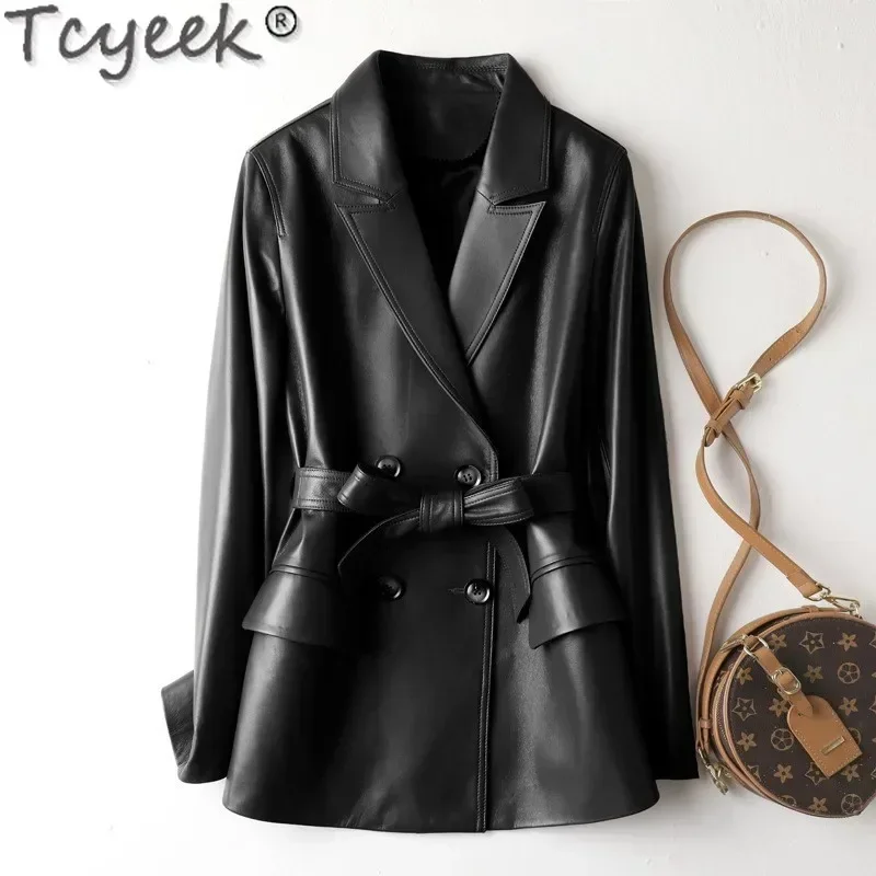 Tcyeek Genuine Leather Jackets for Women Real Sheepskin Coats Autumn Clothes Women's Suit Jacket Belt Jaqueta De Couro 2025