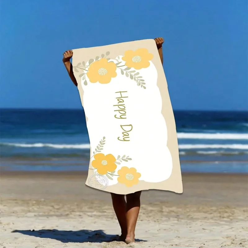 Newest Minimal Yellow Flower Happy Day Text Print Soft Quick Dry Beach Towel Holiday Bath Towel Quick Dry Towel