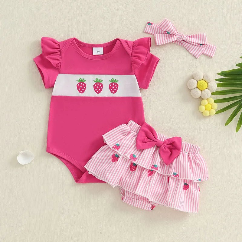 

Baby Girls Summer Outfit Short Sleeve Embroidery Romper + Skirt Shorts + Headband Set Infant Clothes