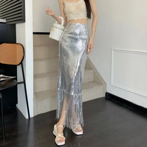 

Серебристая облегающая юбка с пайетками и бахромой для женщин с фигурой типа «груша», модная, элегантная, для офиса, с высокой талией, длинная
