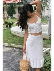 Chicheca Lace Up White 2 Pcs Outfit Women Summer Dress Set 2025 New Beach Cotton Skirt Matching Set Midi Vestido Chic Sundress