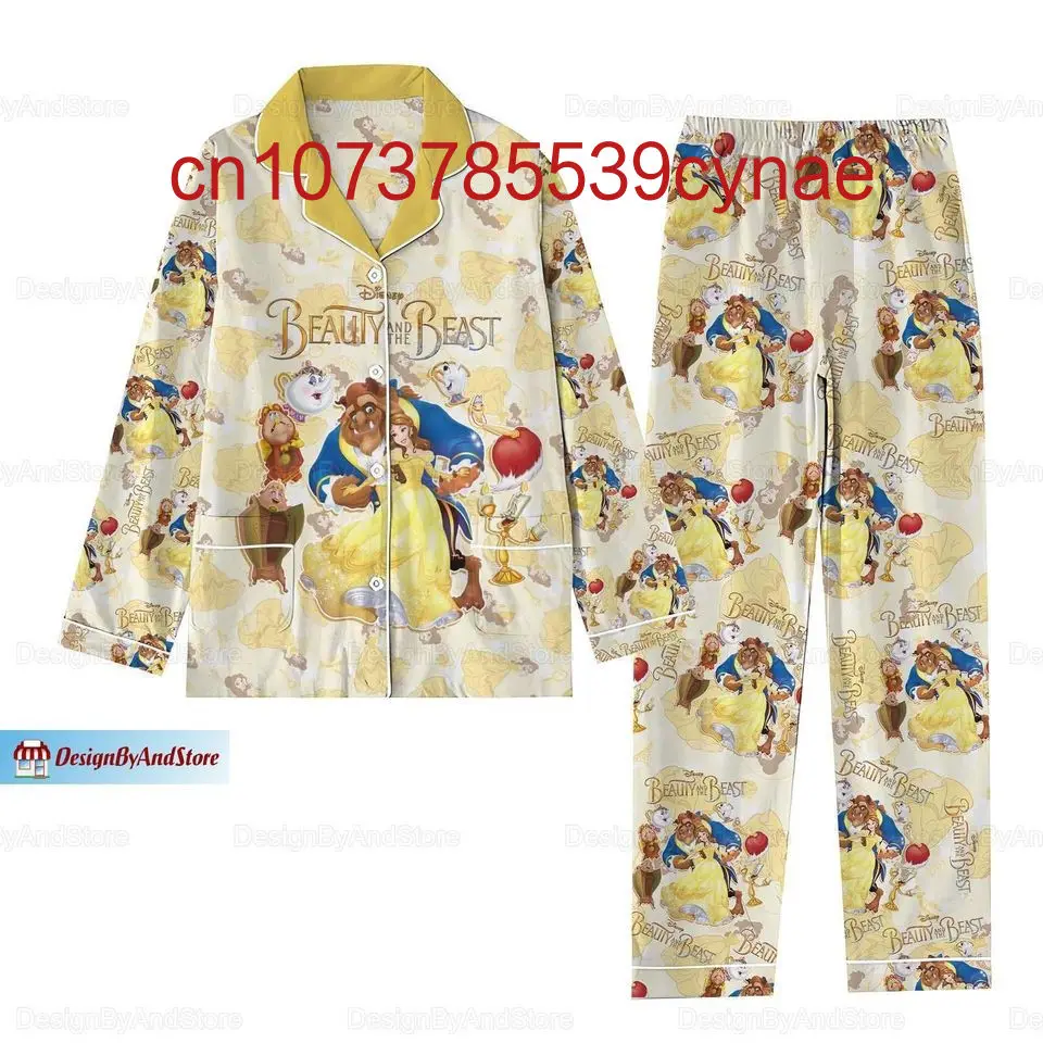 Beauty And The Beast Long Sleeve Pants Two-piece Set Men's And Women's Pajamas Silk Pajamas Women's Cartoon Pajamas Pants Set