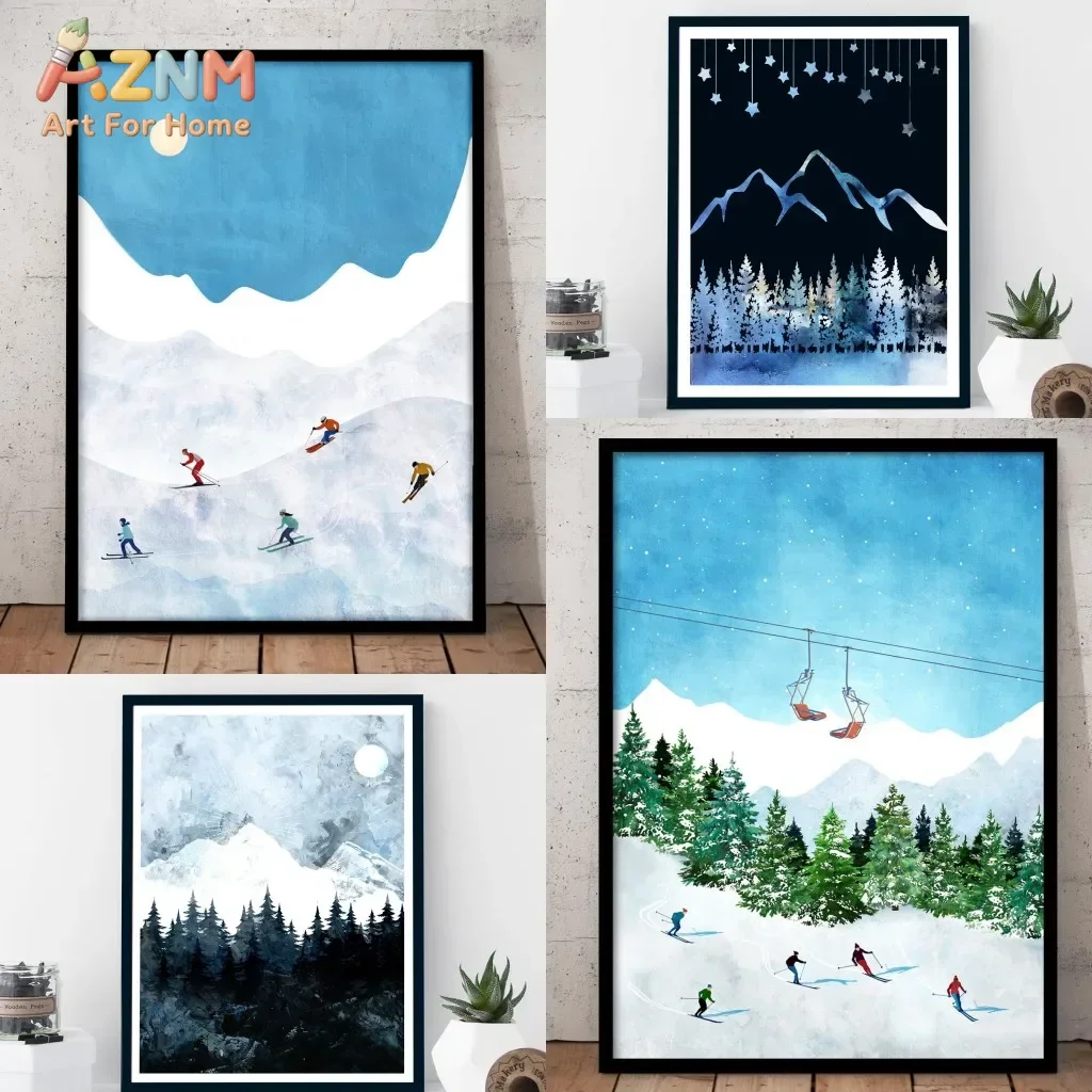 AZNM Watercolor Ski Mountain Canvas Print, Winter Snow Forest Ski Lift Skier Sports Scenery Unframed Canvas Painting, Mountain W