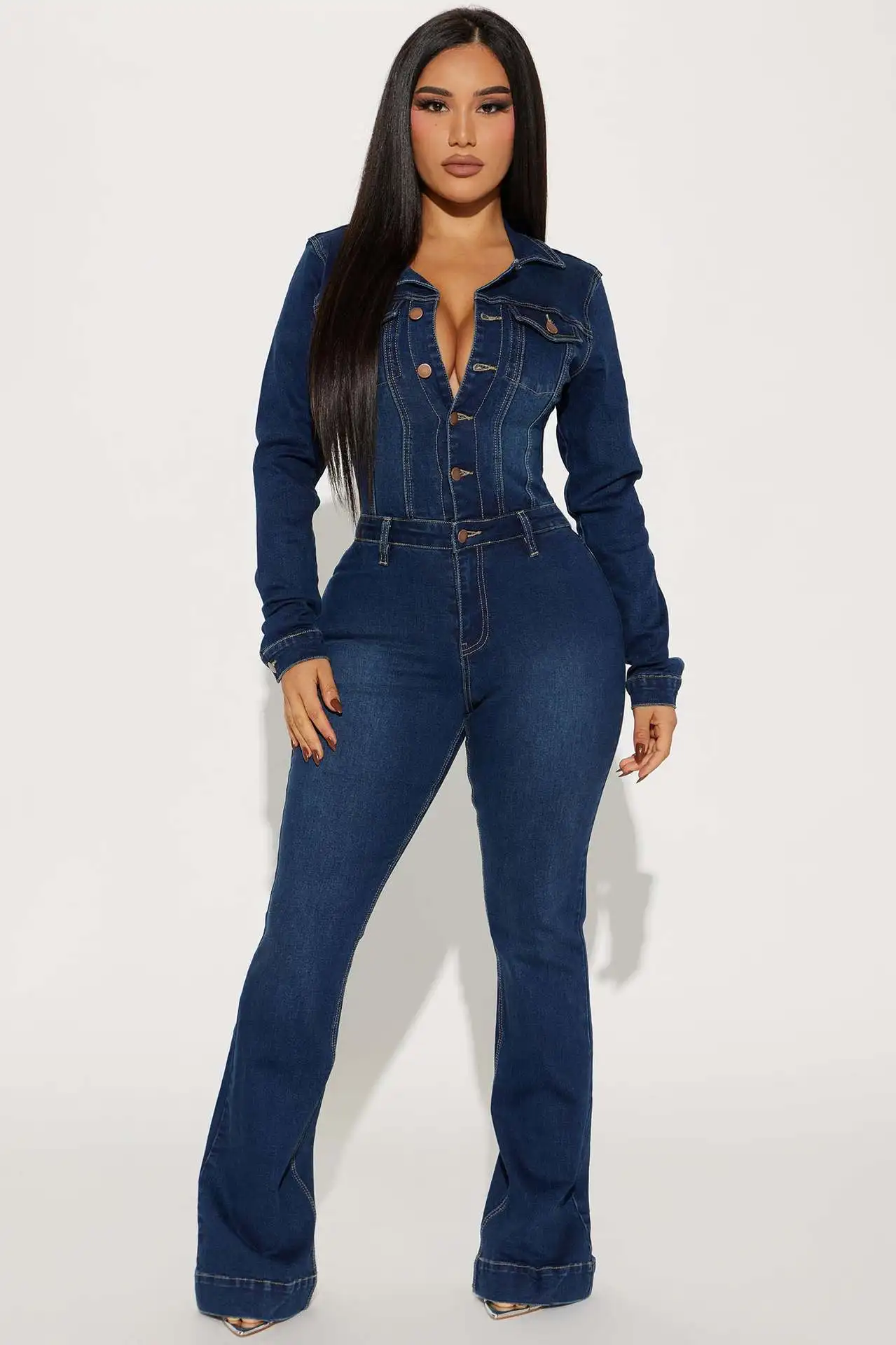 Fashion Women 2024 Long Sleeve Jumpsuit Slim Comfortable Casual Mid-Waist Solid Color Woman Ladies Jumpsuit Pants