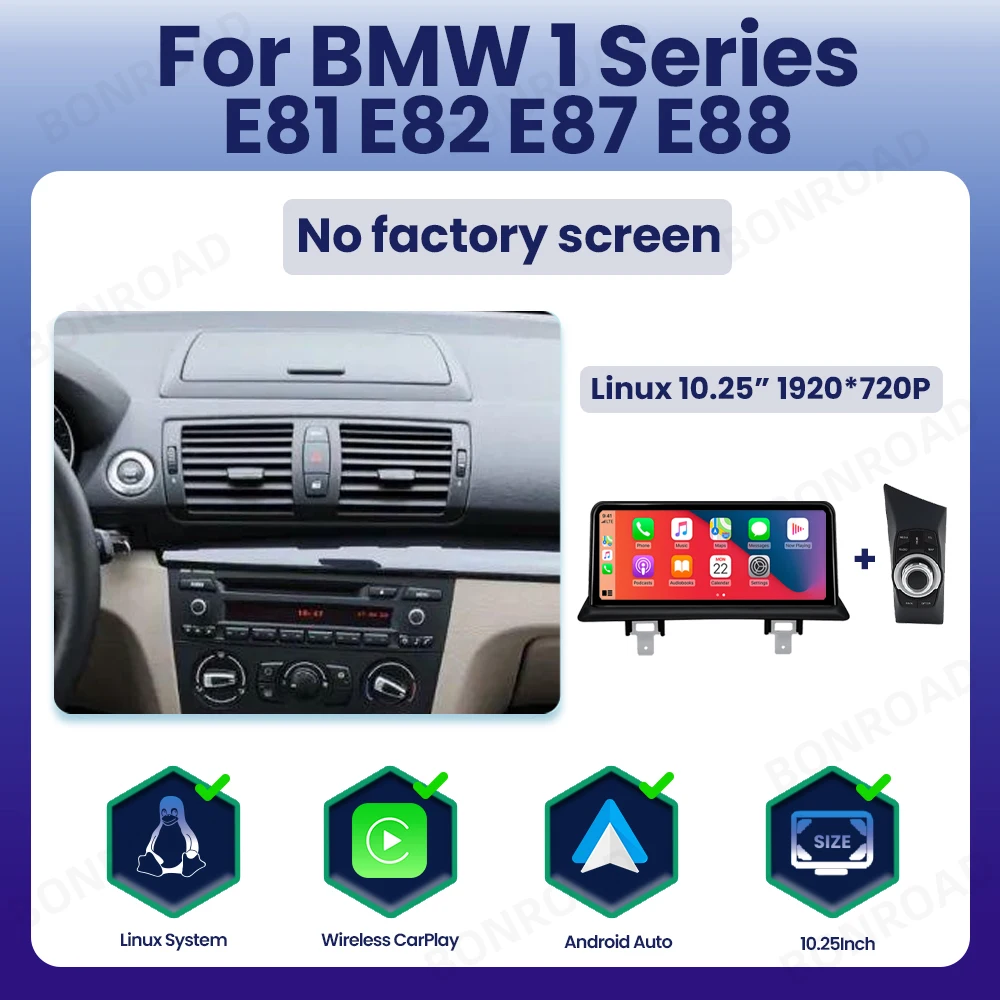 BONROAD Linux Draadloze CarPlay Android Auto Multimedia Display Speler Autoradio voor BMW 1 Serie E81 E82 E87 E88 Touchscreen