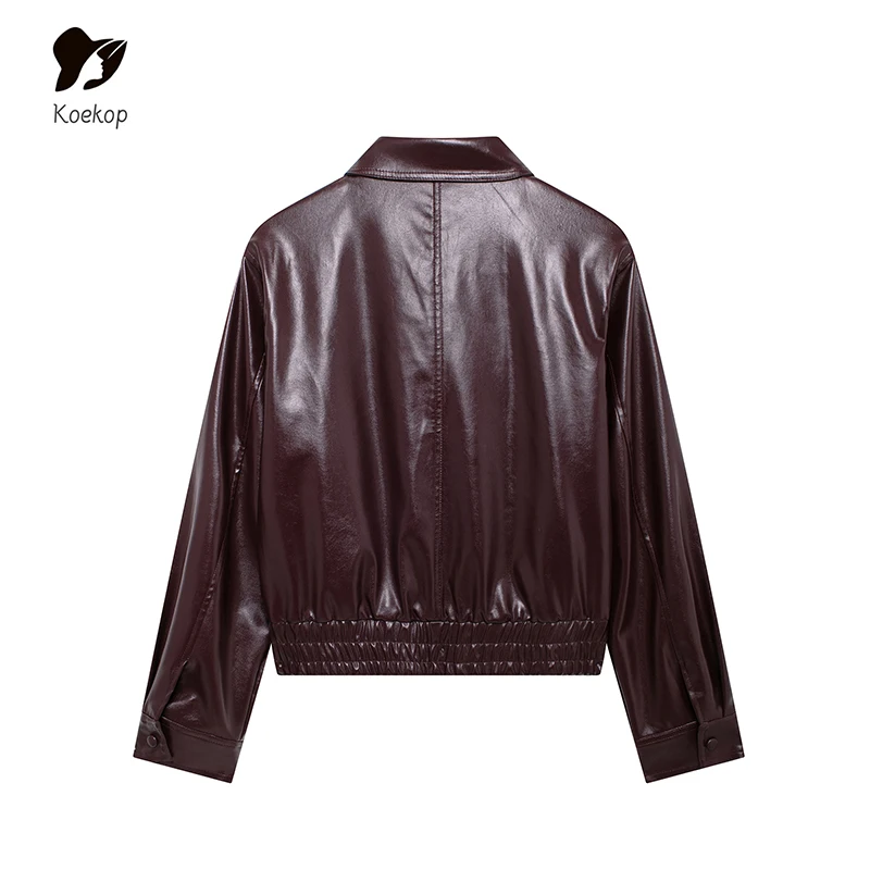 سترة جلدية مقاومة للرياح للنساء ، أحادية اللون ، طية صدر السترة ، فضفاضة ، عارضة ، خمر ، مزاجه ، سيدة أنيقة ، أزياء #2