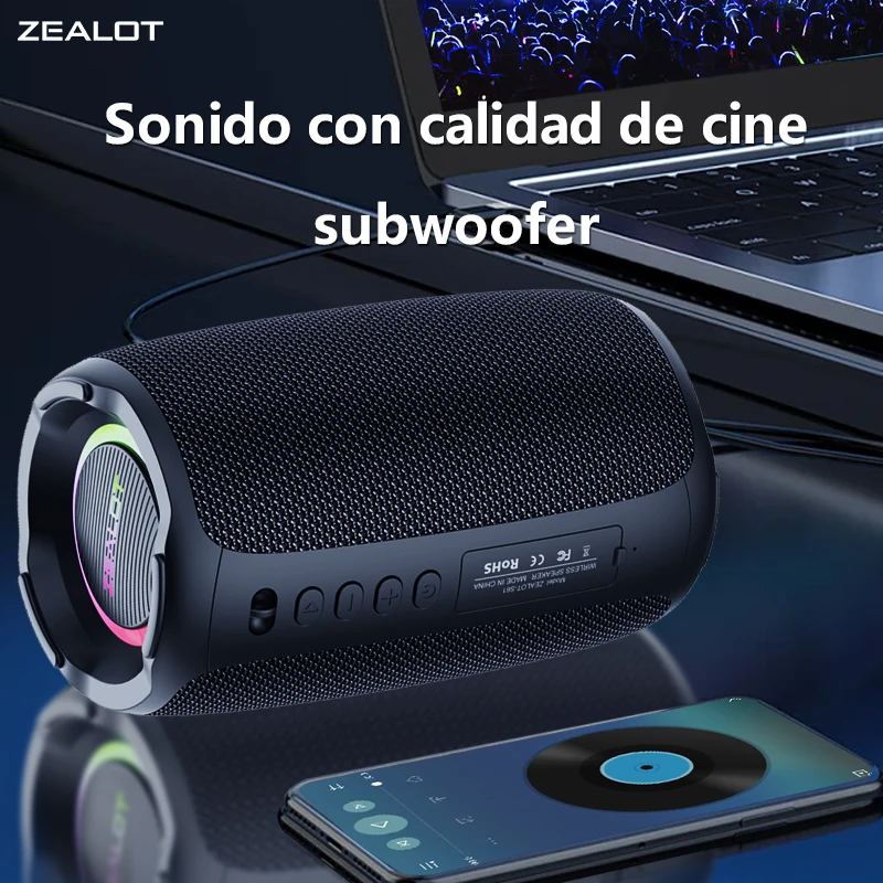 Altavoces inalámbricos ZEALOT S61 de 20 W, altavoz subwoofer portátil para exteriores, batería de 3000 mAh, modo EQ, emparejamiento doble.