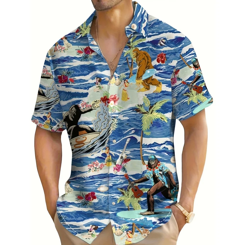 Camisa havaiana casual masculina, camisa de manga curta, roupa respirável, impressão 3D, verão