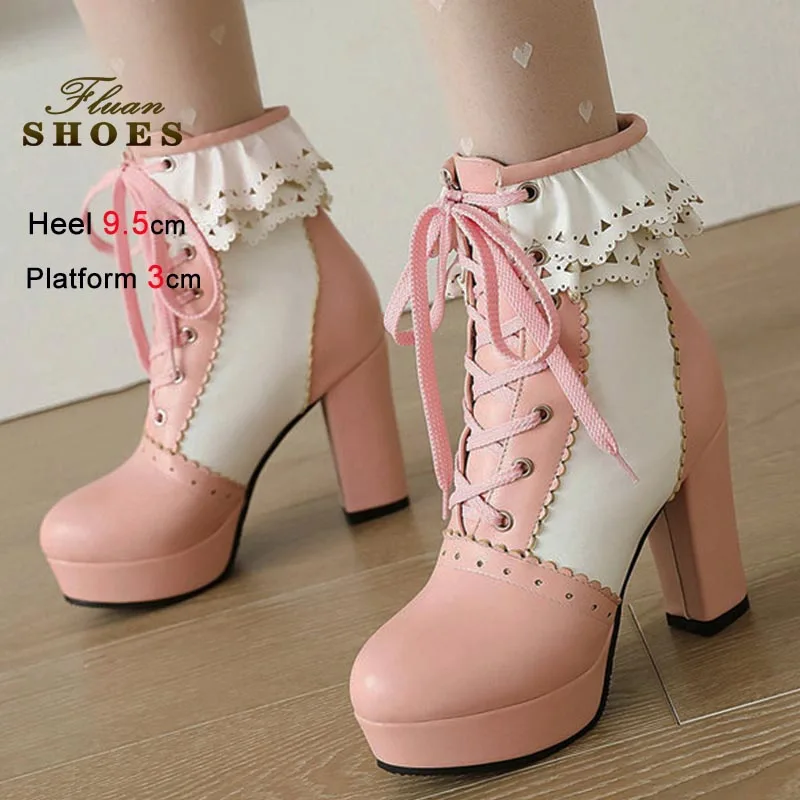 

Fashion Women Shoes 9.5cm High Heels Knight Boots Pink Front Lace Up Short Boots Coarse Heel Thick Soled Large Size Ankle Boots
