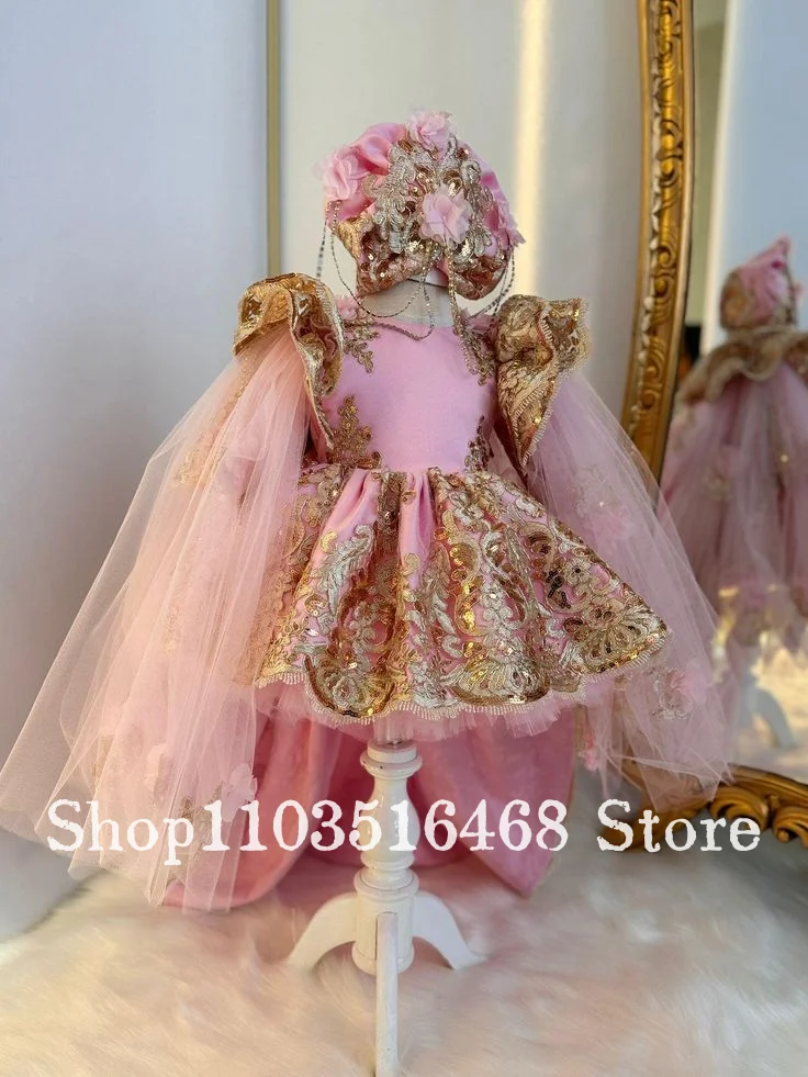 Custom Light Pink Gold Trailing Flower Girl Dress Pink Princess Pageant Dress Tulle Princess Skirt Girls' Birthday Party Dress