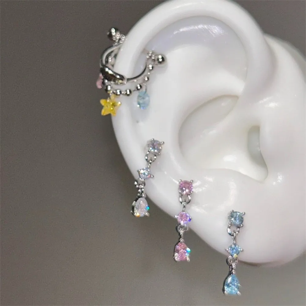 

New Colorful Star Star Chain Hoop Earrings Small Zircon Double Chain Ear Bone Nail Earring Beads Stud Earrings Women Jewelry