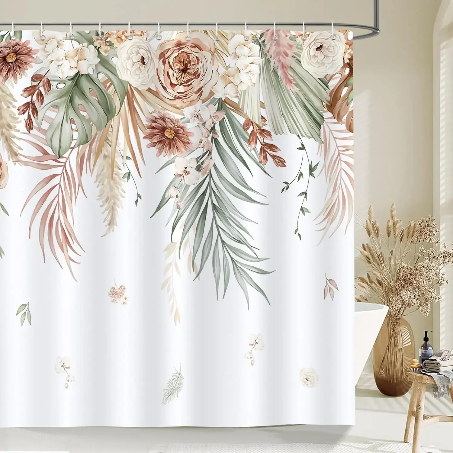 

Watercolor Tan Leaf Flower Leaf Shower Curtain Modern Home Decorative Waterproof Shower Curtain with 12 Hooks 180X180CM